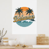 Bahamas Retro Sunset Palm Trees Design ポスター (キッチン)