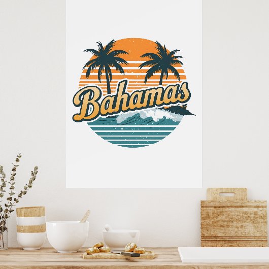 Bahamas Retro Sunset Palm Trees Design ポスター (キッチン)