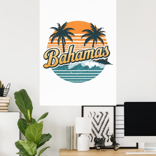 Bahamas Retro Sunset Palm Trees Design ポスター (ホームオフィス)