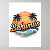 Bahamas Retro Sunset Palm Trees Design ポスター (正面)
