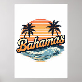 Bahamas Retro Sunset Palm Trees Design ポスター
