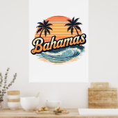Bahamas Retro Sunset Palm Trees Design ポスター (キッチン)