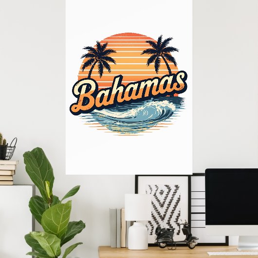 Bahamas Retro Sunset Palm Trees Design ポスター (ホームオフィス)