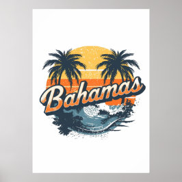 Bahamas Retro Sunset Palm Trees Design ポスター