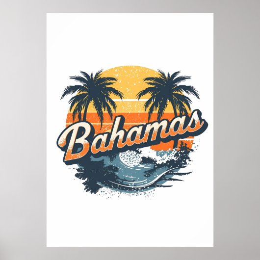 Bahamas Retro Sunset Palm Trees Design ポスター (正面)
