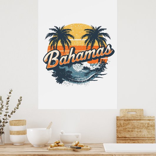 Bahamas Retro Sunset Palm Trees Design ポスター (キッチン)