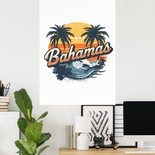 Bahamas Retro Sunset Palm Trees Design ポスター (ホームオフィス)