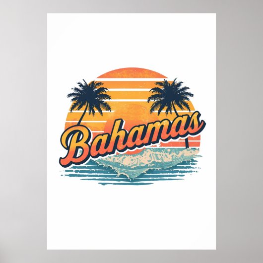 Bahamas Retro Sunset Palm Trees Design ポスター (正面)