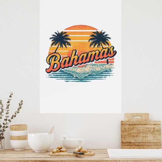 Bahamas Retro Sunset Palm Trees Design ポスター (キッチン)