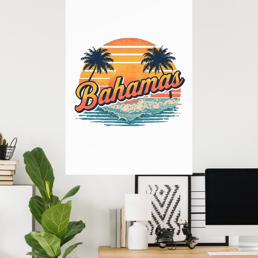Bahamas Retro Sunset Palm Trees Design ポスター (ホームオフィス)