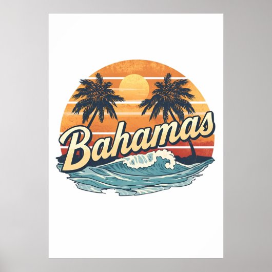 Bahamas Retro Sunset Palm Trees Design ポスター (正面)