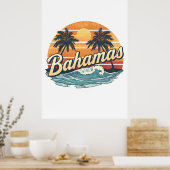 Bahamas Retro Sunset Palm Trees Design ポスター (キッチン)