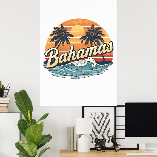 Bahamas Retro Sunset Palm Trees Design ポスター (ホームオフィス)