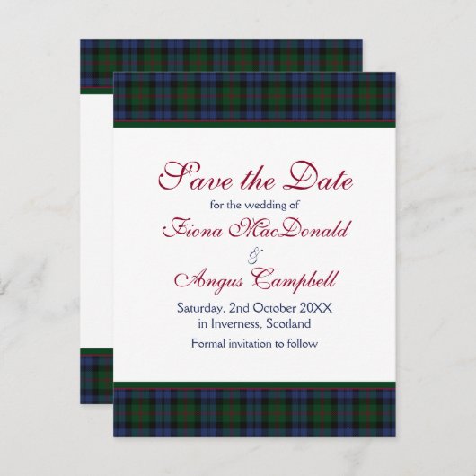 Bairdタータンチェックウェディング日付カードを保存 セーブザデート (正面/裏面)
