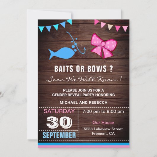 BaitsまたはBowsジェンダーの表示パーティー 招待状 (正面)