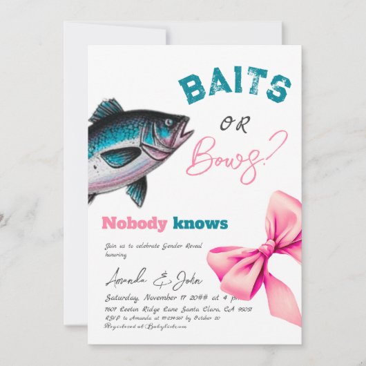 BaitsまたはBows BlueまたはPink魚釣り性別の表示 招待状 (正面)