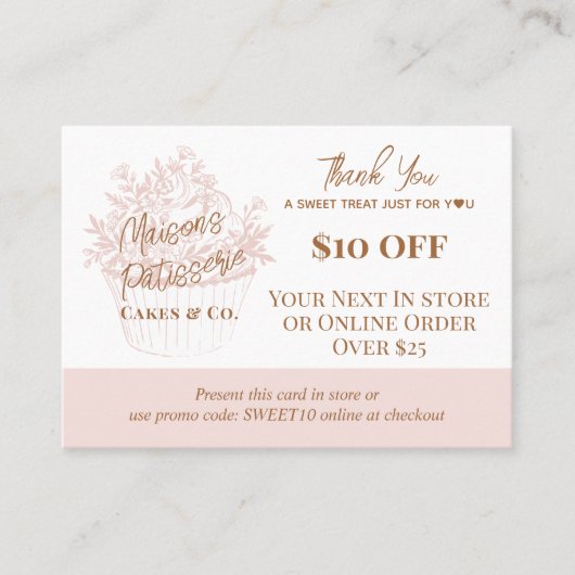 Baker Floral Cupcake Thank You Promo Code Bakery 割引カード (正面)