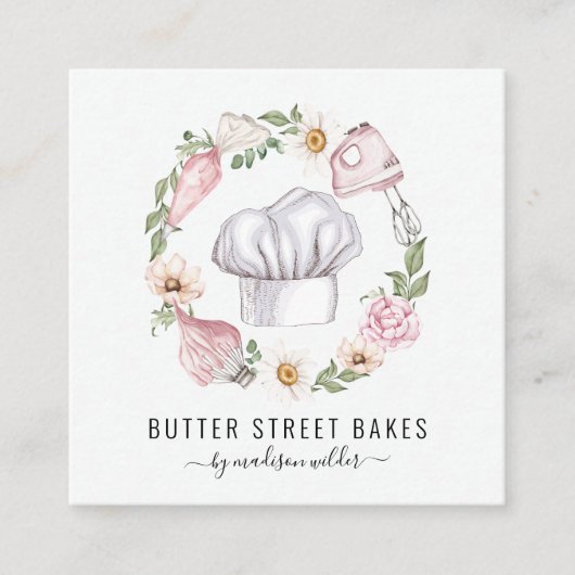 Baker Pastry Chef Watercolor Utensils Floral スクエア名刺 (正面)