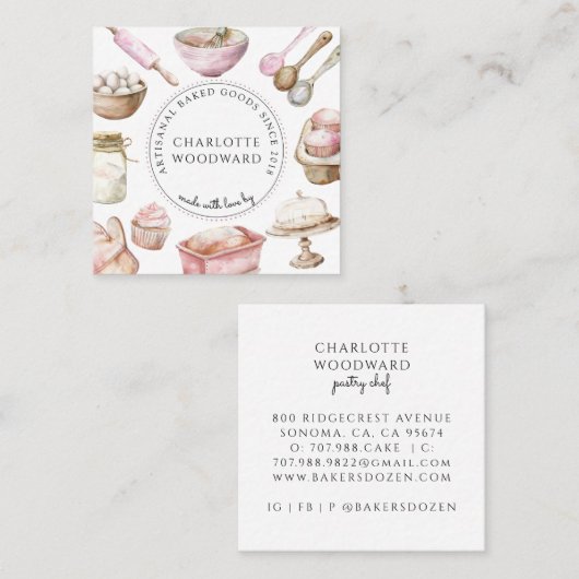 Baker Pink Watercolor Desserts Utensils  スクエア名刺 (正面/裏面)