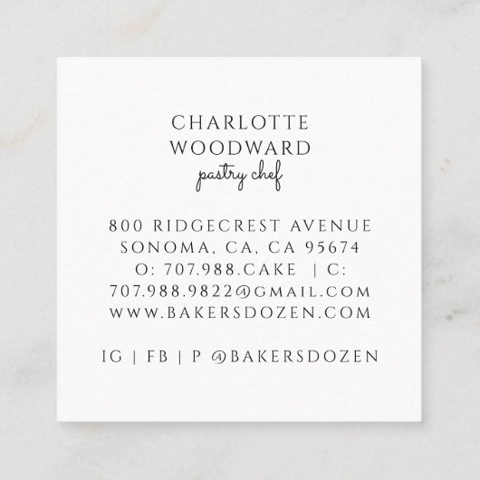 Baker Pink Watercolor Desserts Utensils  スクエア名刺 (裏面)