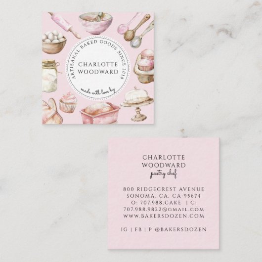 Baker Pink Watercolor Desserts Utensils  スクエア名刺 (正面/裏面)