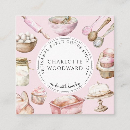 Baker Pink Watercolor Desserts Utensils  スクエア名刺 (正面)