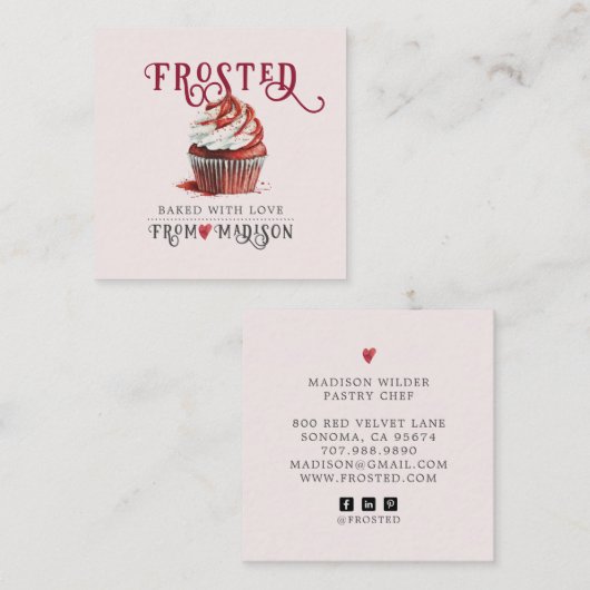 Baker's Cupcakeロゴ書道スクリプトピンク スクエア名刺 (正面/裏面)
