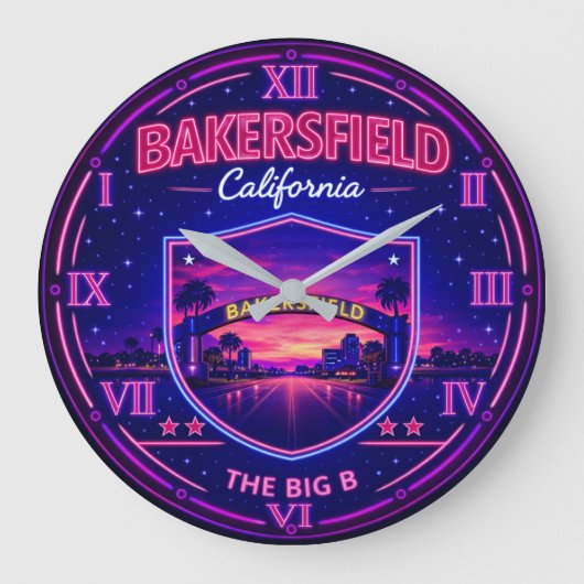 Bakersfield California Neon ラージ壁時計 (正面)