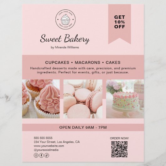 Bakery Custom Logo Photo QR Code Pink Flyer チラシ (正面)