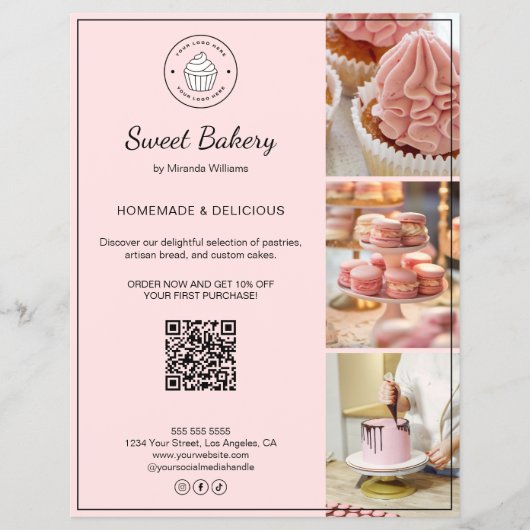 Bakery Custom Logo Photo QR Code Pink Flyer チラシ (正面)