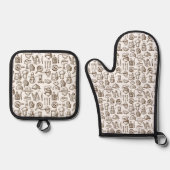 Bakery Kitchen Symbols Pattern Black and White 鍋つかみ&鍋敷きセット (正面)