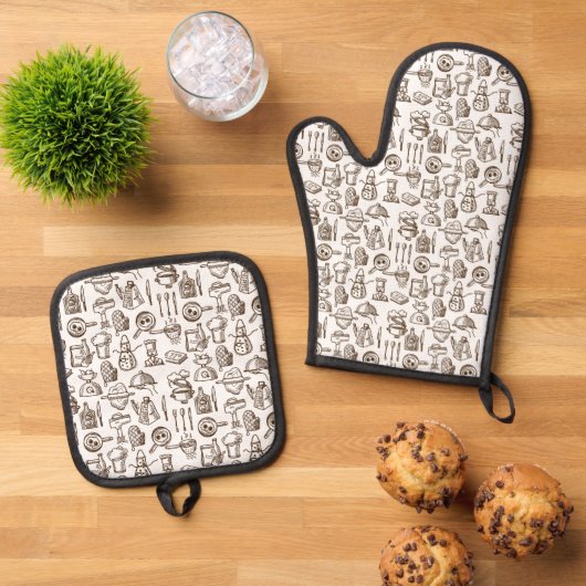 Bakery Kitchen Symbols Pattern Black and White 鍋つかみ&鍋敷きセット (トップダウン)