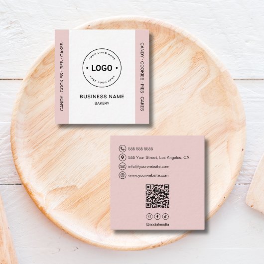 Bakery Logo QR Code Social Media Blush Pink スクエア名刺