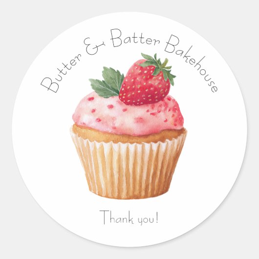 Bakery Logo Stickers,  Strawberry Cupcake Label ラウンドシール (正面)