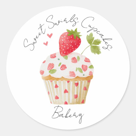 Bakery Logo Stickers,  Strawberry Cupcake Label ラウンドシール (正面)