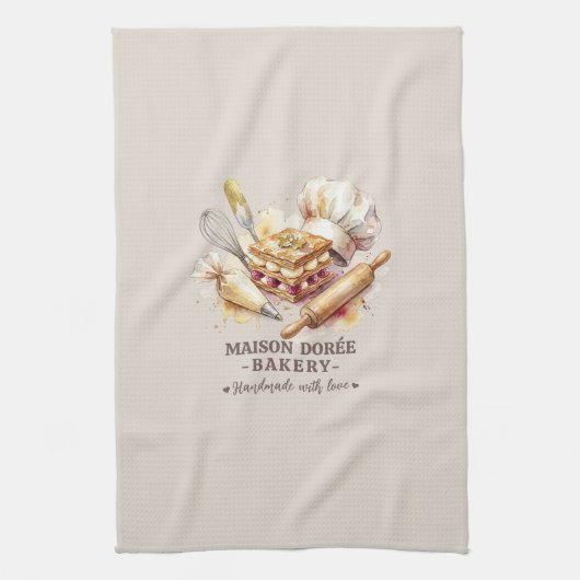 Bakery Pastry Chef Watercolor Gold Baking Catering キッチンタオル (縦)