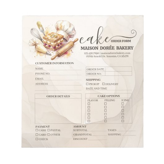 Bakery Store Pastry Chef Cake Baker Order Form ノートパッド (正面)