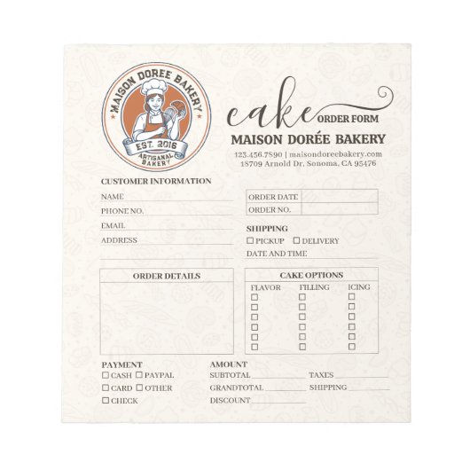Bakery Store Pastry Chef Cake Baker Order Form ノートパッド (正面)