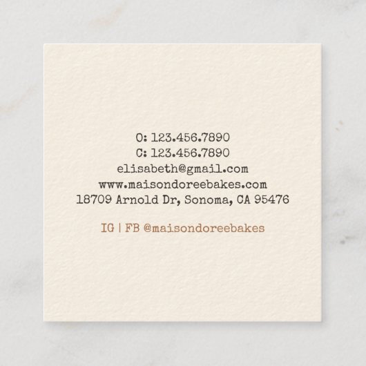 Bakery Store Pastry Chef Dessert Sweets Cake Baker スクエア名刺 (裏面)