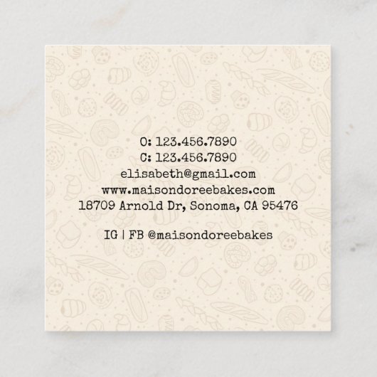 Bakery Store Pastry Chef Dessert Sweets Cake Baker スクエア名刺 (裏面)