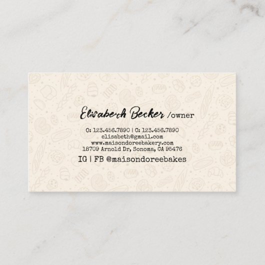 Bakery Store Pastry Chef Dessert Sweets Cake Baker 名刺 (裏面)