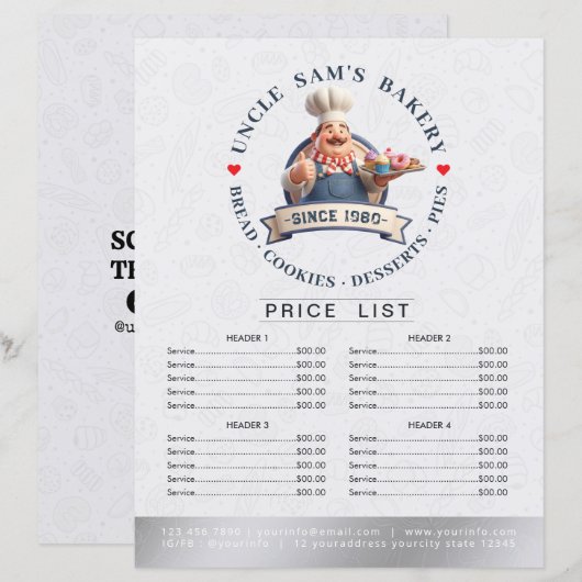 Bakery Store Pastry Chef Menu Price List Pay Here (正面/裏面)