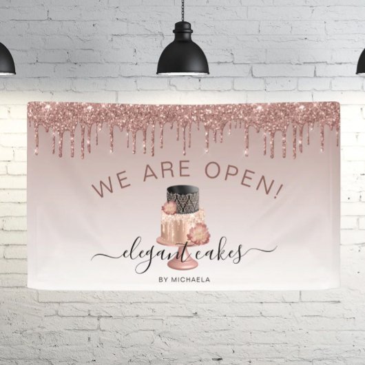 Bakery We Are Open Glitter Drip Rose Gold Cake 横断幕