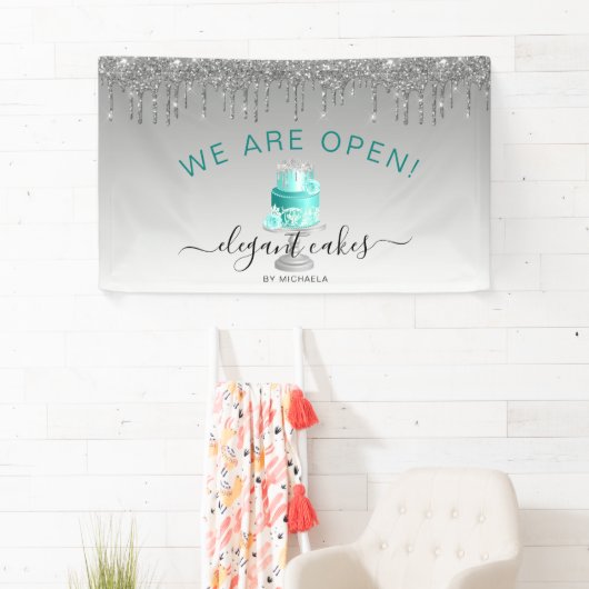 Bakery We Are Open Glitter Drip Turquoise Cake 横断幕 (インサイチュ)