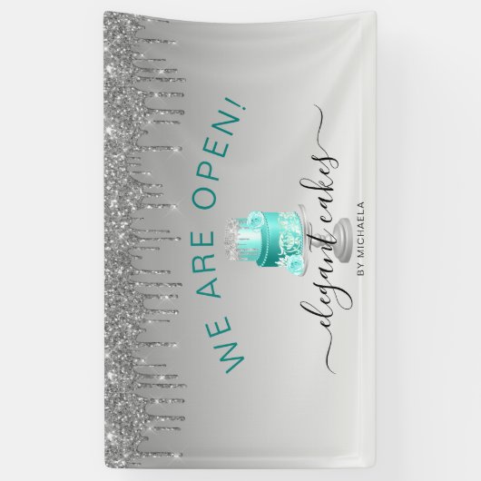 Bakery We Are Open Glitter Drip Turquoise Cake 横断幕 (縦)