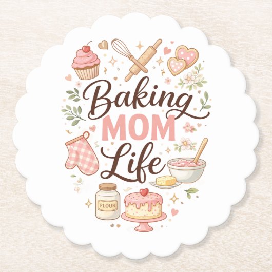 Baking Mom Life" Illustrated Floral Coaster Set –  ペーパーコースター (正面)