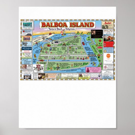 Balboa Island、ニューポートビーチ、Cartoon Map ポスター (正面)
