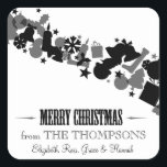 Balck and White Christmas Elementsホリデーステッカー スクエアシール<br><div class="desc">クリスマスのカードやギフト、グッズ焼いたは、白黒のクリスマスの要素のイラストレーションと文字を備えたカスタムMerry Christmasのステッカーと特別に特別なフォントのMerry Christmasのステッカーでモダンす。ほとんどのデザイン要素は、選択/好みに応じてサイズ変更/移動/削除できる。</div>