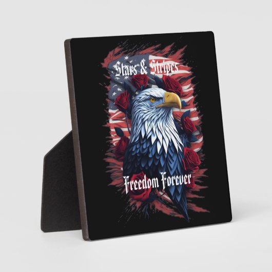 Bald Eagleとストライプ共に星とバラ フォトプラーク (正面)