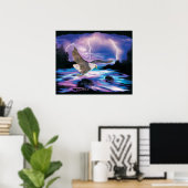Bald Eagle Flying Over River Poster ポスター (ホームオフィス)